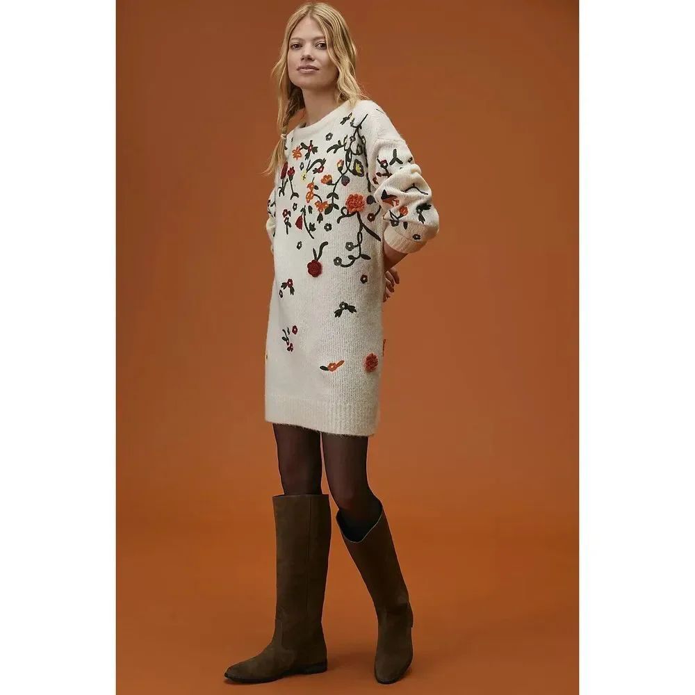 Anthropologie Floral Appliqued Sweater Tunic Dress